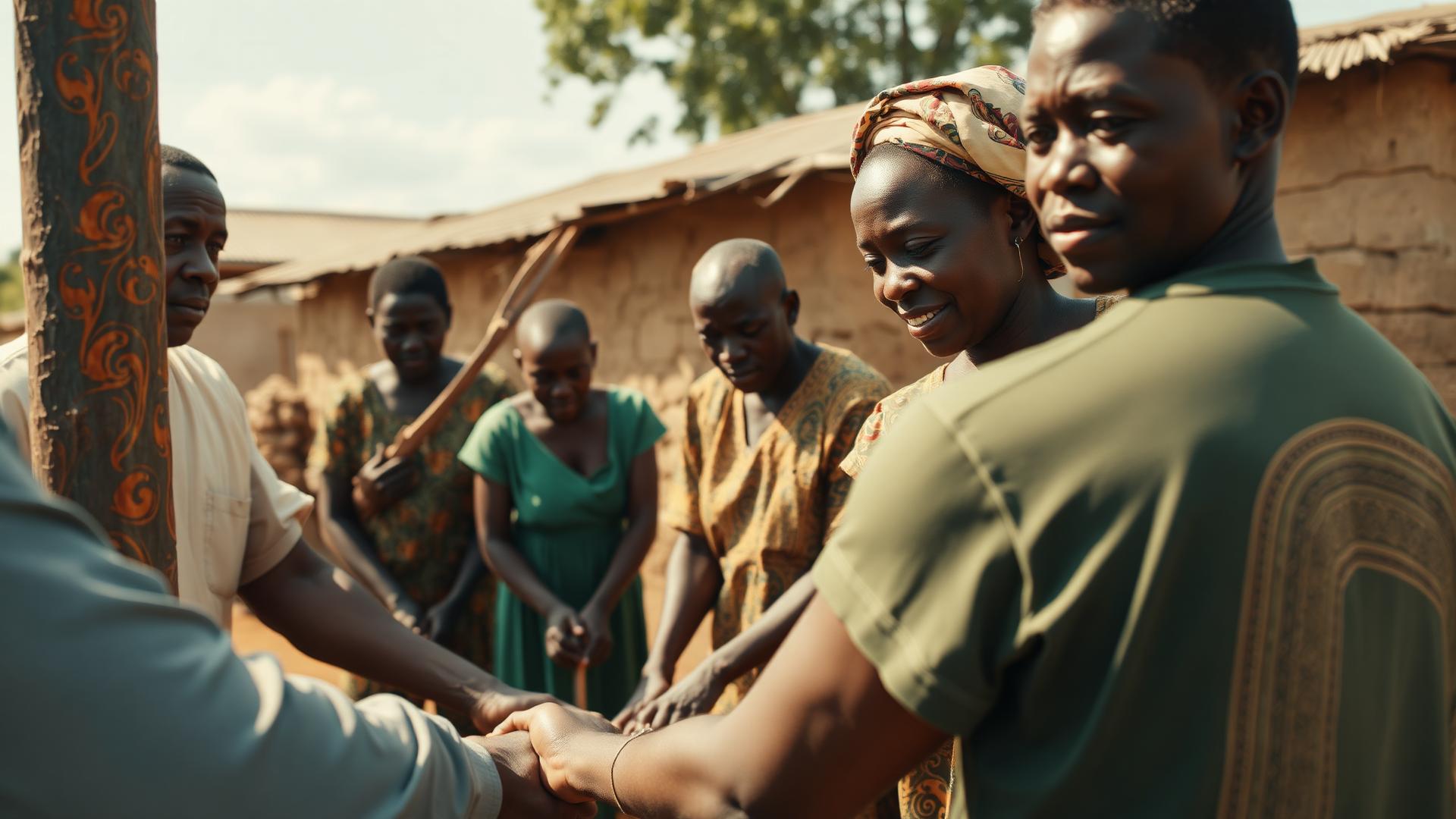 Community members joining hands during a community meeting
