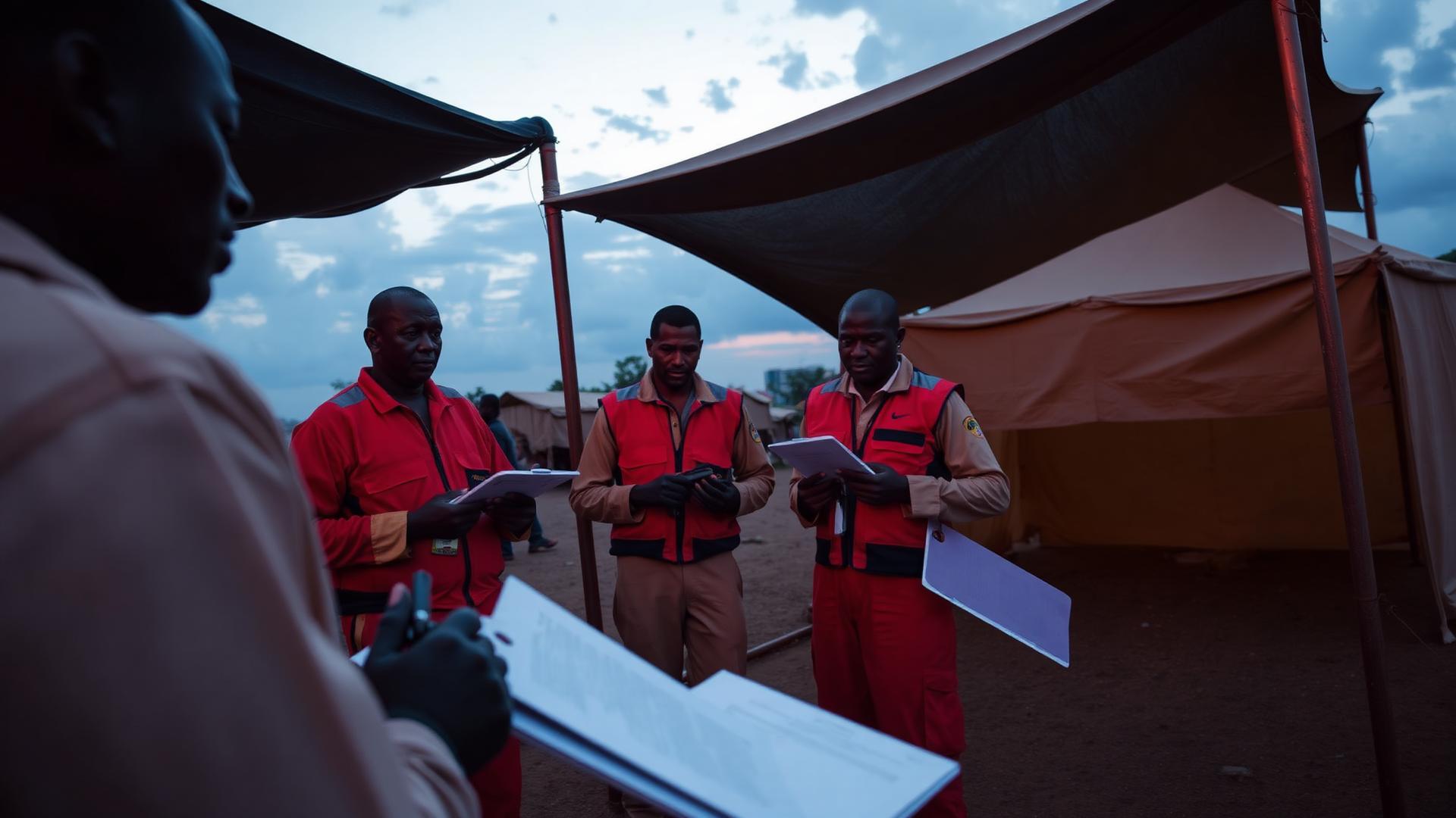 Emergency response team coordinating at a field site at dusk