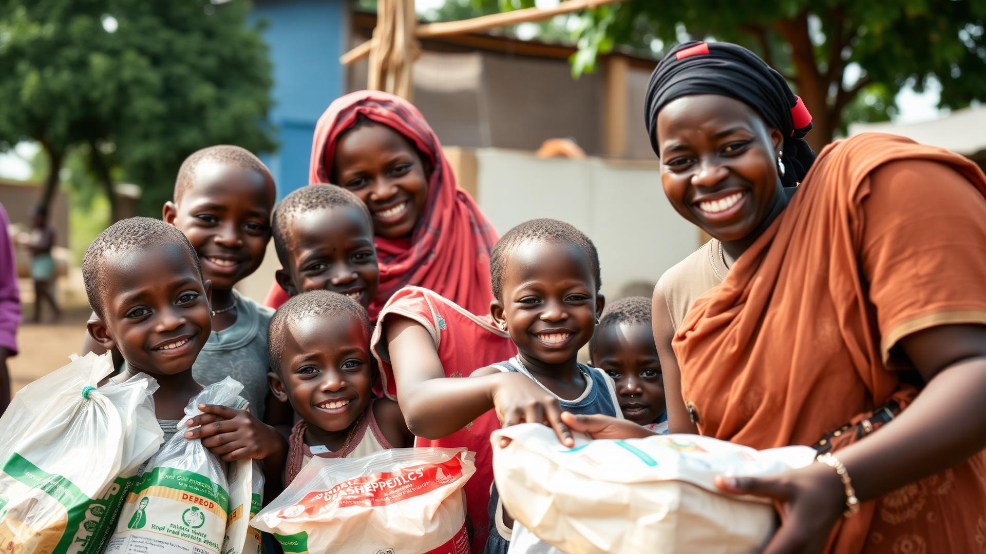 Families receiving supplies at an outdoor distribution point