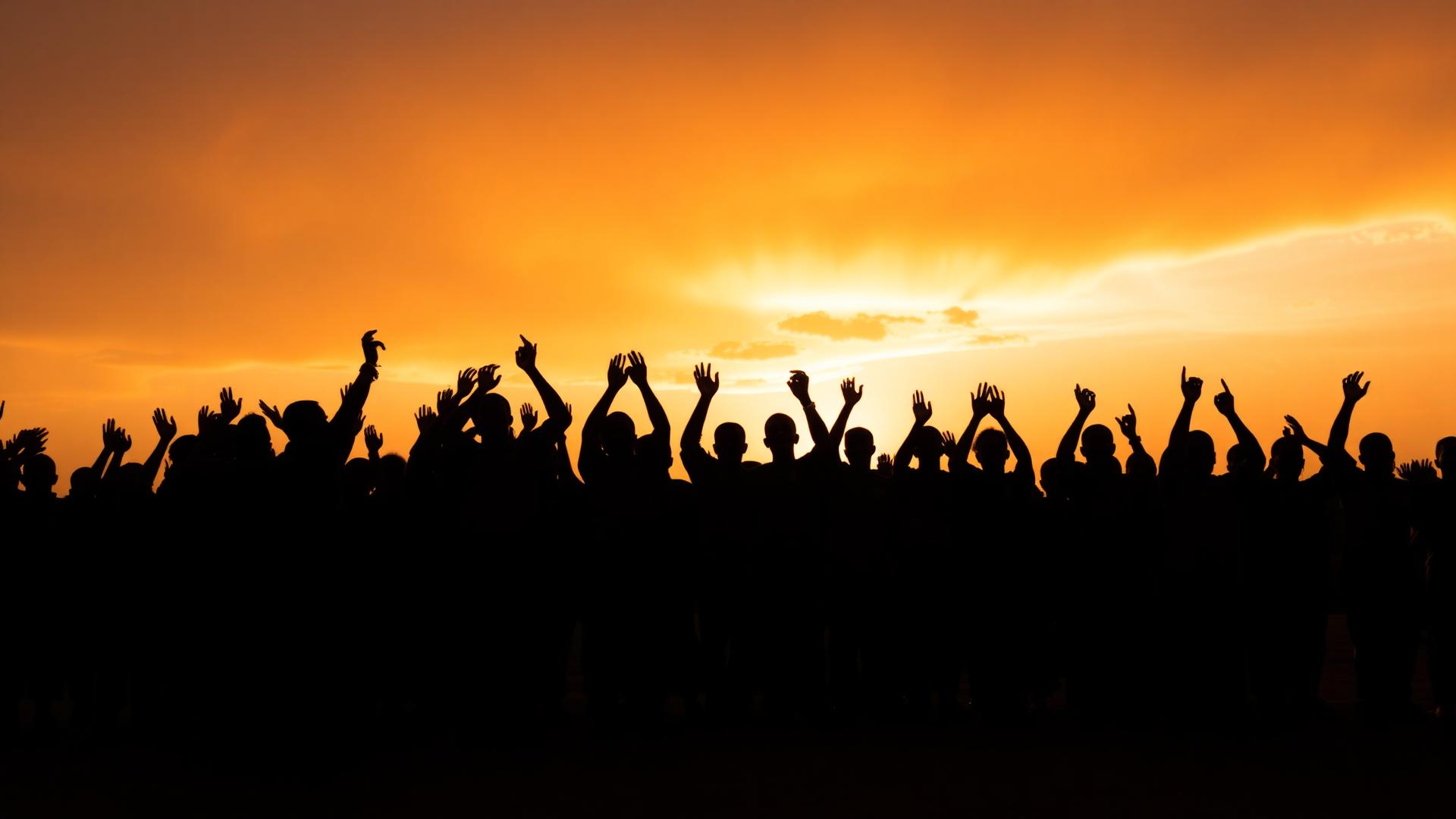 Volunteers standing together with hands raised at sunset